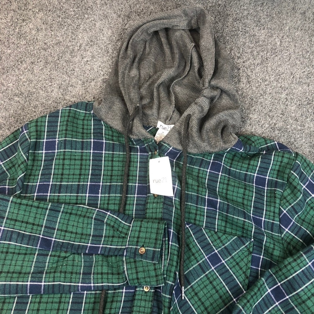 Rue21 Mens Size M Medium Green Plaid Hooded Flannel Shirt Button Up Hoodie NEW